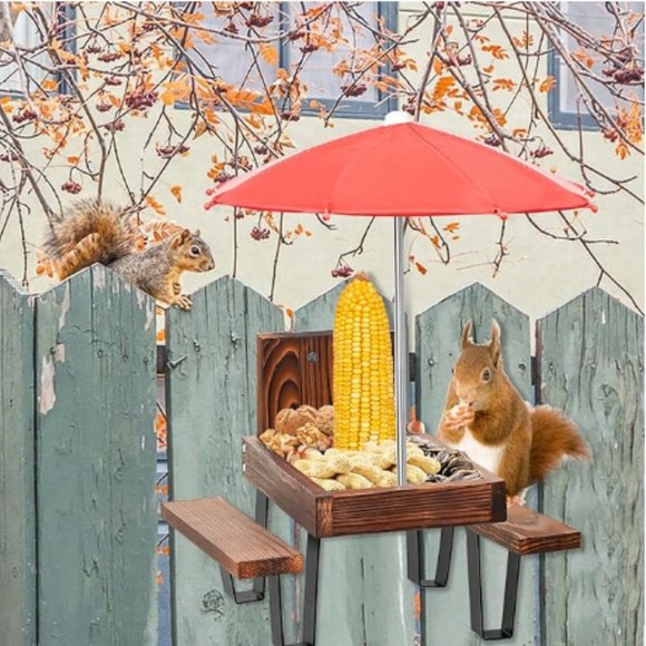 Squirrel & Chipmunk Miniature Picnic Table - Feeder w/Corn Cob Holder & Umbrella - Picture 5 of 11